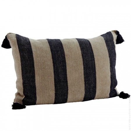 Black stripped linen cushion with tassels