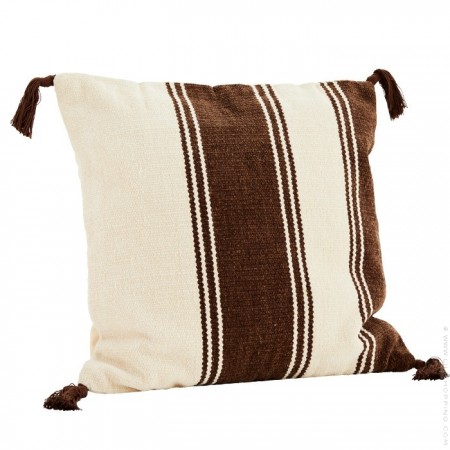 Off white and charcoal printed cushion cover with fringes + cushion filler