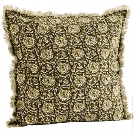 Green and off white printed cushion cover with fringes + cushion filler