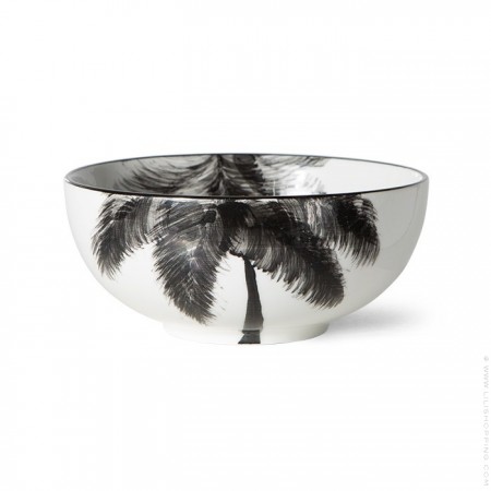 White ceramic bowl and black palm