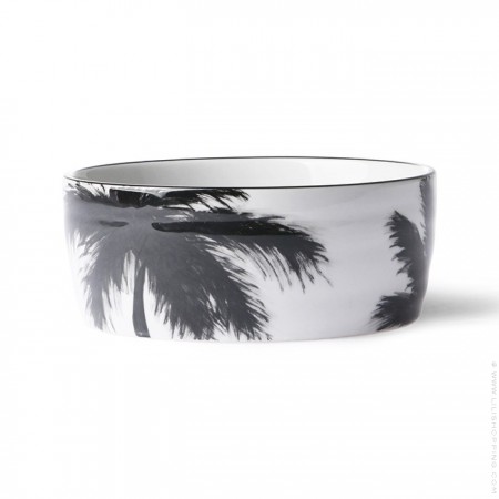 White ceramic bowl and black palm