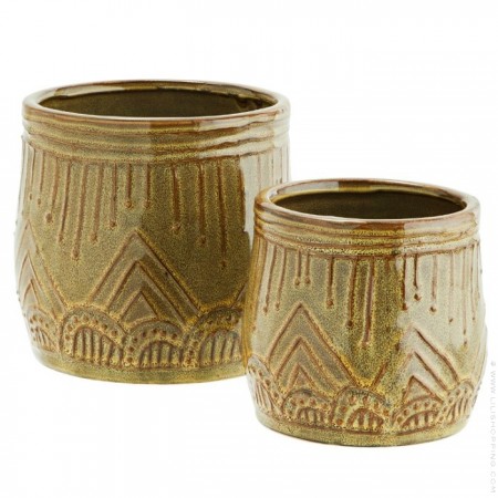 Set of 2 mustard and brown stoneware pots