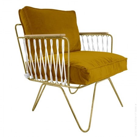 Fauteuil Croisette doré coussin velours camel