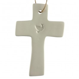 Cross and dove in white ceramic