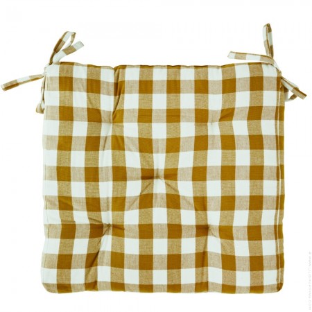 Chcked mustard and white printed cotton chair pad
