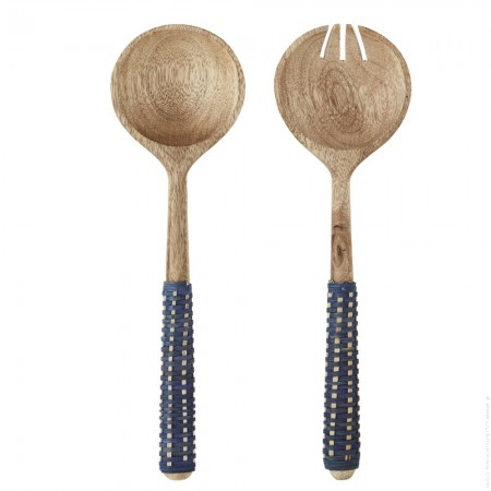 Couverts à salade bicolores bois et bleu
