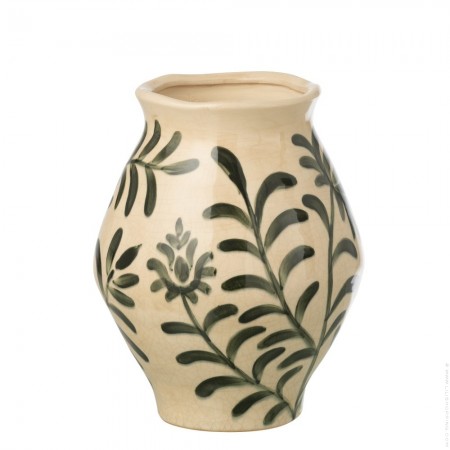 Vase feuille en gr&egrave;s vert et blanc cass&eacute;  24 cm