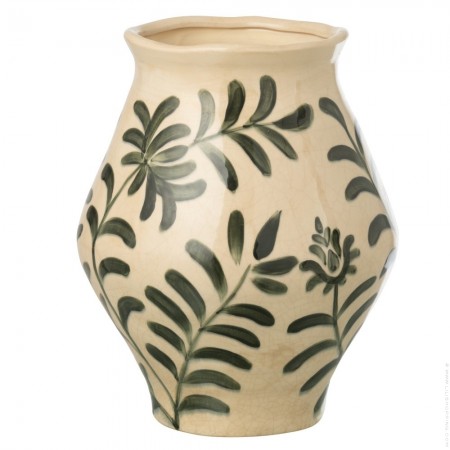 Vase feuille en gr&egrave;s vert et blanc cass&eacute;  24 cm