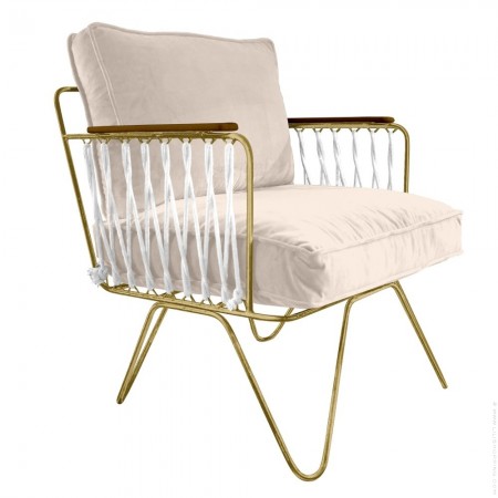 Armchair Croisette gold with velvet off white cushions
