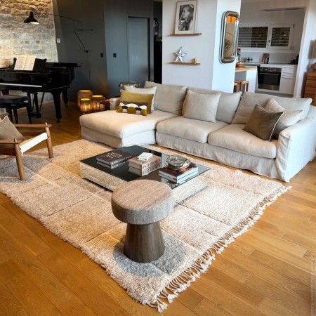 Tapis Beni Ouarain beige uni &agrave; losanges 310 x 210 cm