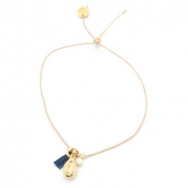 Bracelet Charms cauri plaqué or et pompon marine