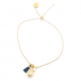 Cauri charms gold plated bracelet with a blue pompon