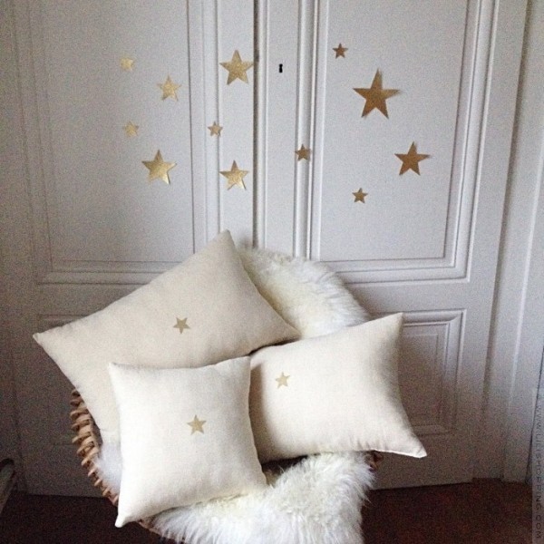 Coussin lin blanc étoile dorée - 40x40 cm - cottagecore