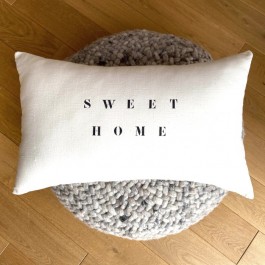 Rectangular old white linen cushion Sweet Home black